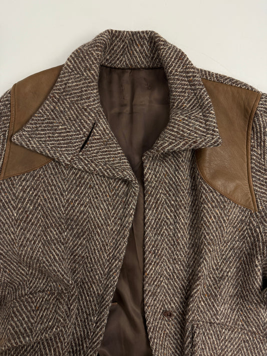 Cappotto vintage in lana spigata con inserti in pelle