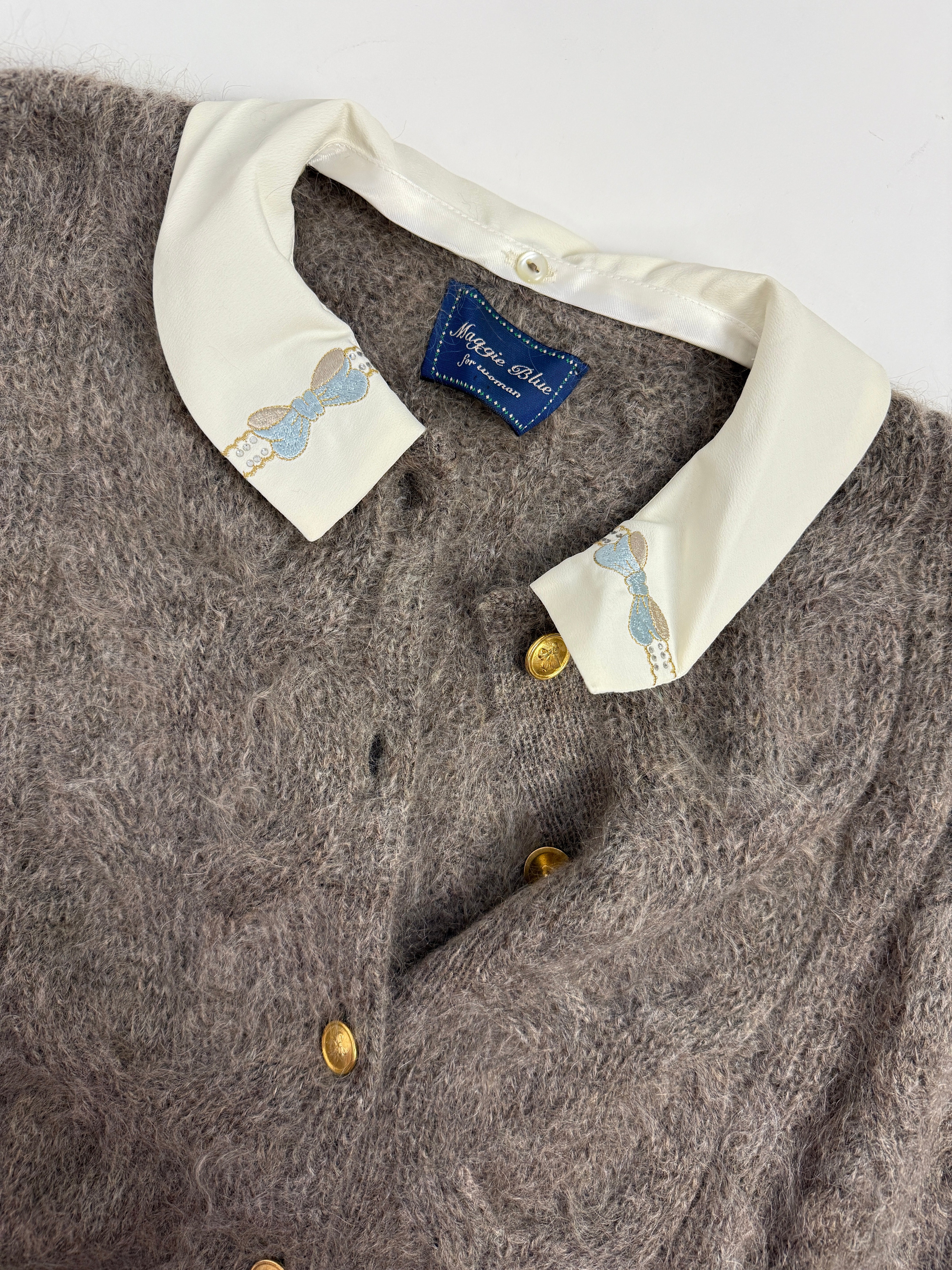 Cardigan in mohair con colletto ricamato anni '80