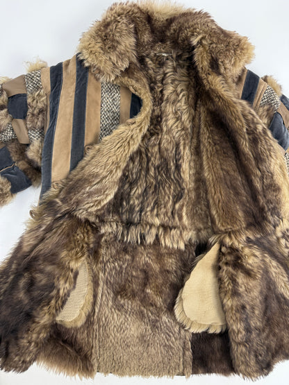 Cappotto anni '70 patchwork in camoscio e pelliccia