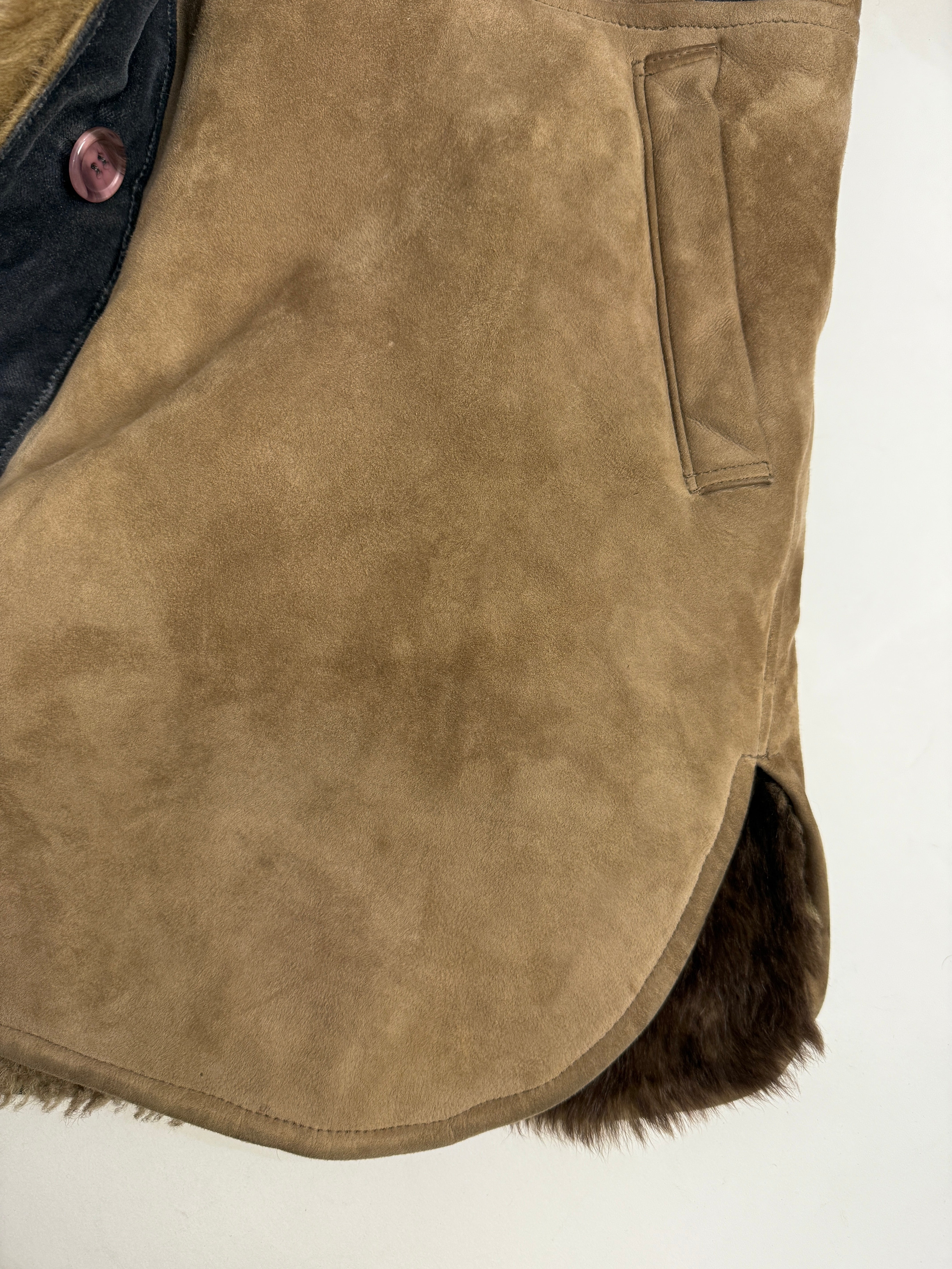 Cappotto anni '70 patchwork in camoscio e pelliccia