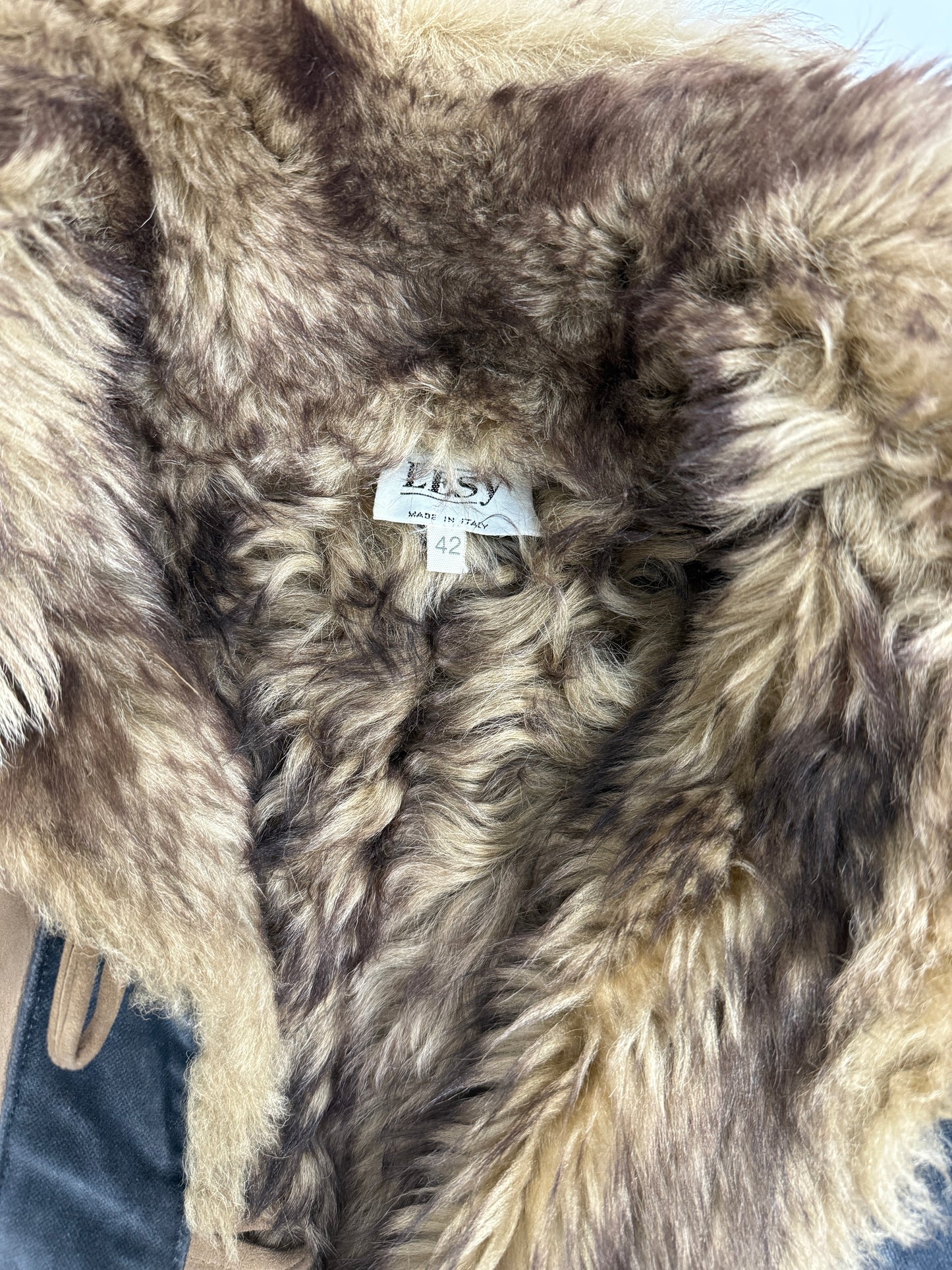 Cappotto anni '70 patchwork in camoscio e pelliccia