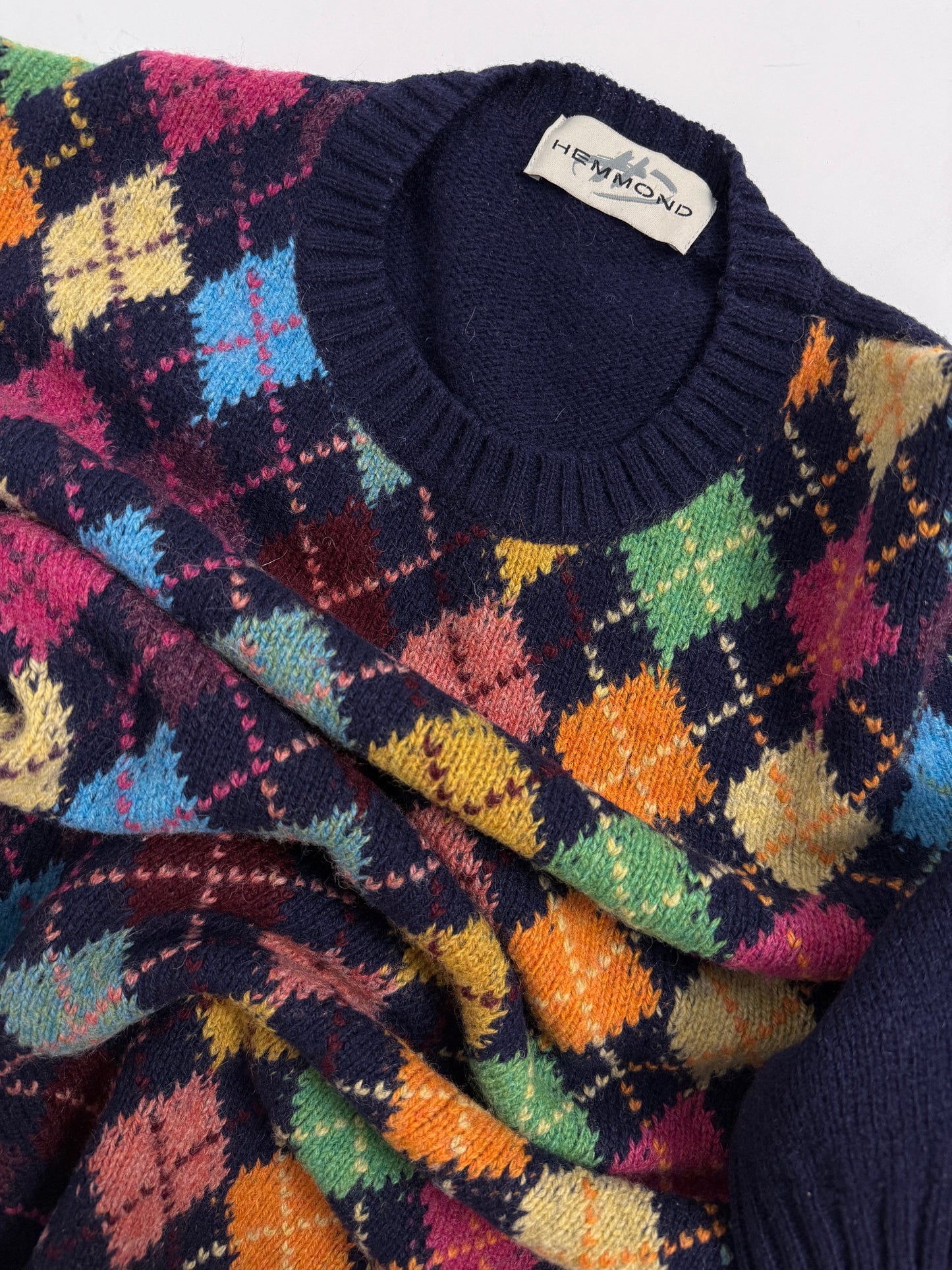 Maglione vintage in lana blu con rombi