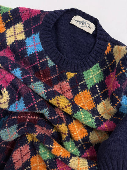 Maglione vintage in lana blu con rombi