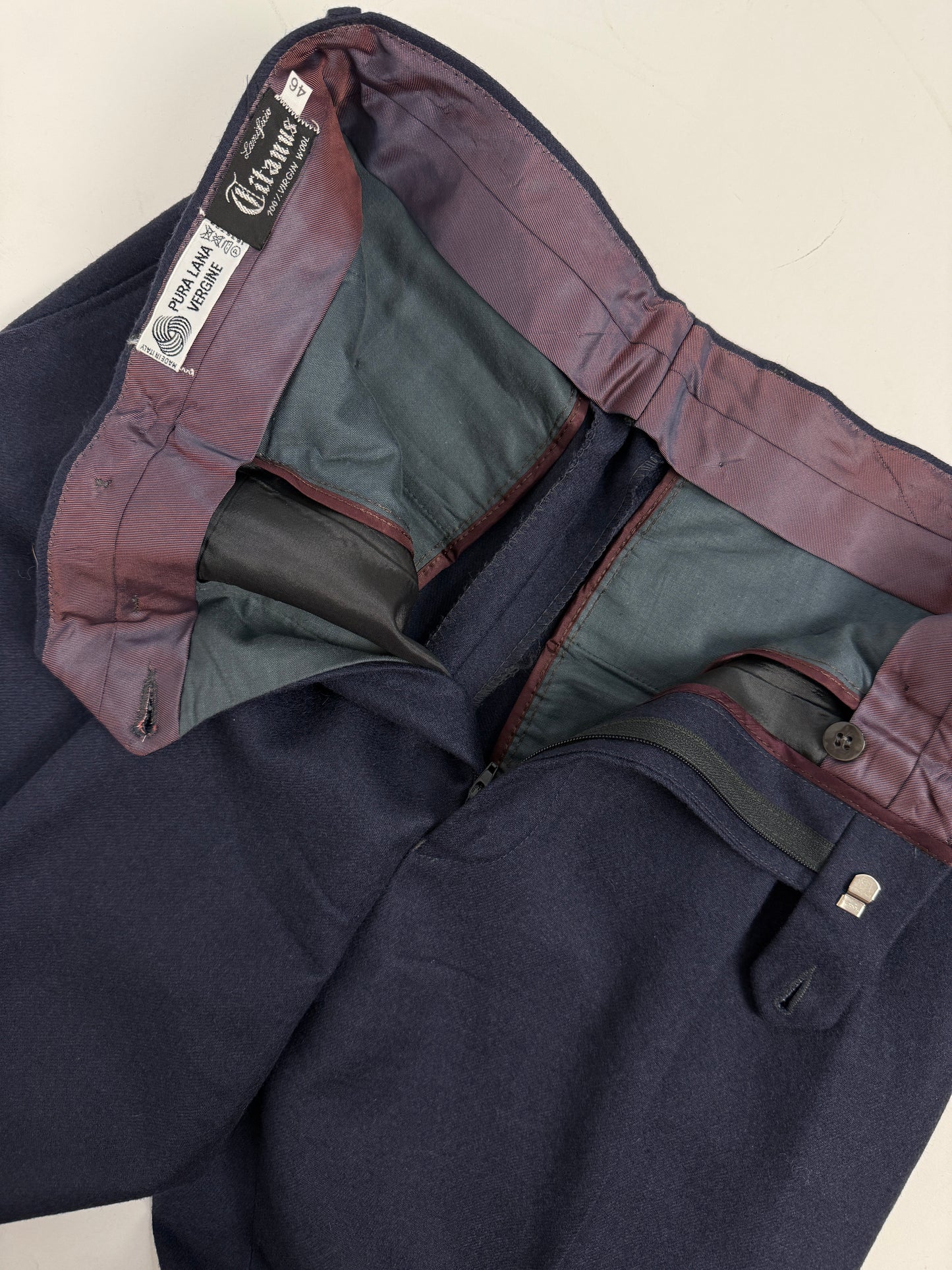 Pantaloni sartoriali vintage blu navy in pura lana vergine anni ’80