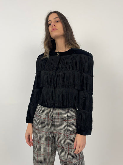 Giacca cropped con frange in velluto