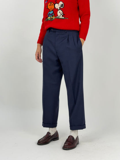 Pantaloni sartoriali vintage blu navy in pura lana vergine anni ’80