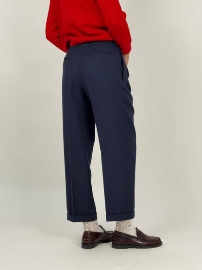 Pantaloni sartoriali vintage blu navy in pura lana vergine anni ’80