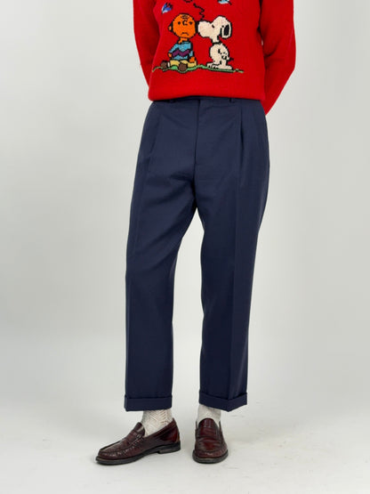Pantaloni sartoriali vintage blu navy in pura lana vergine anni ’80