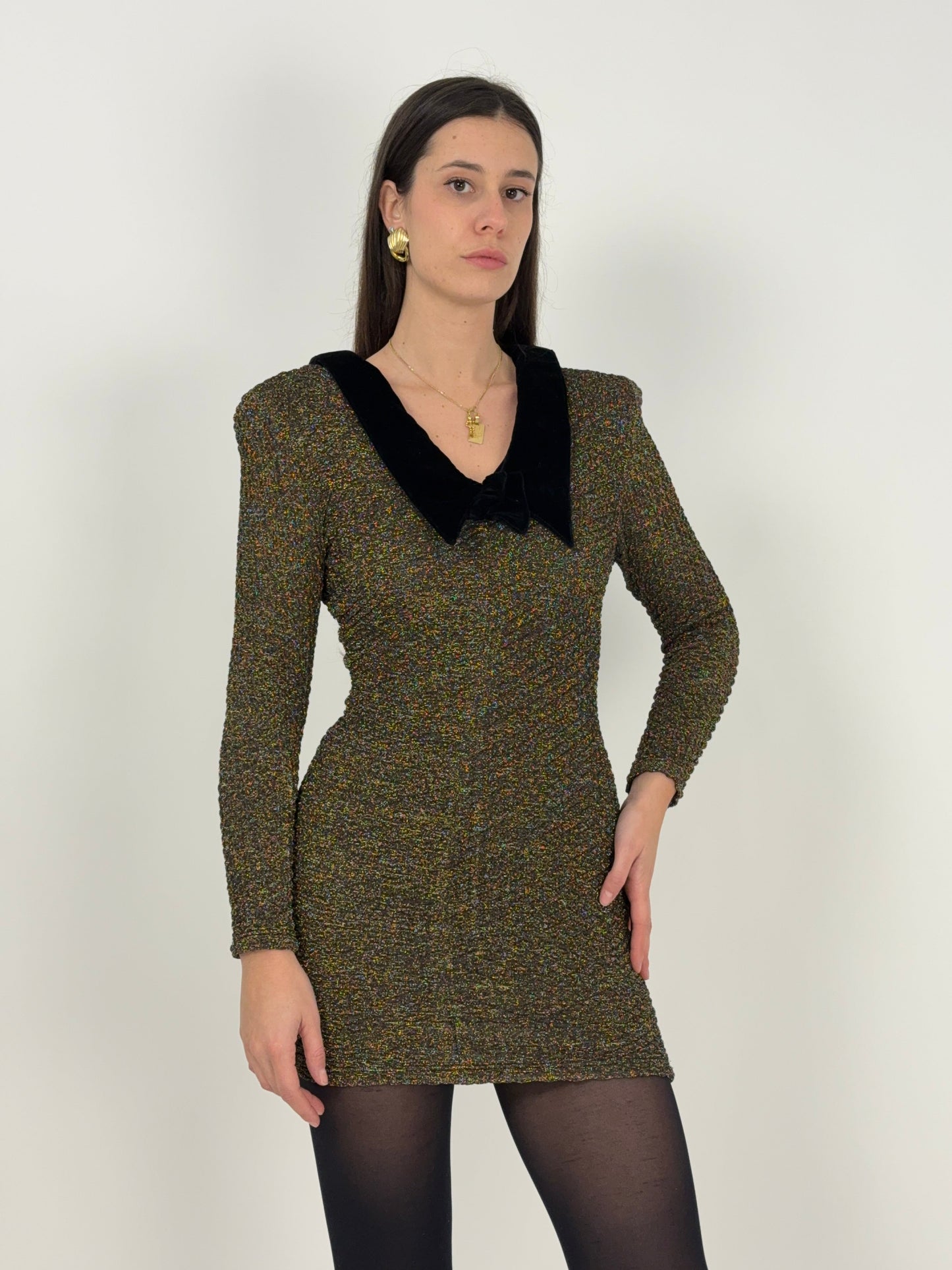 abito-corto-anni-90-lurex-oro-e-velluto-marrone