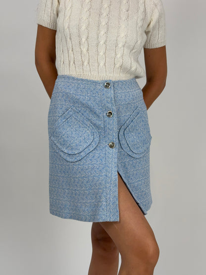Minigonna A-line in tweed celeste anni ’60