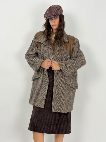 Cappotto vintage in lana spigata con inserti in pelle