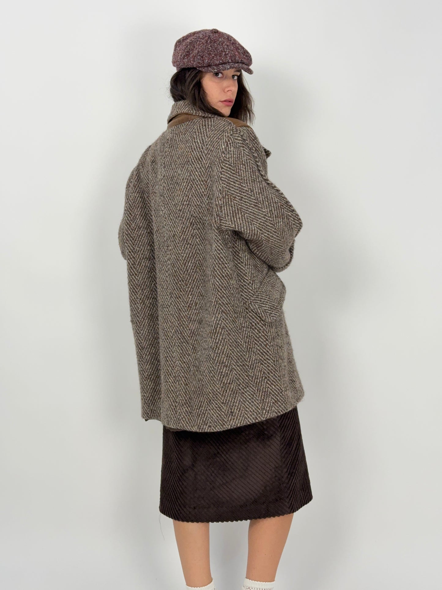 Cappotto vintage in lana spigata con inserti in pelle