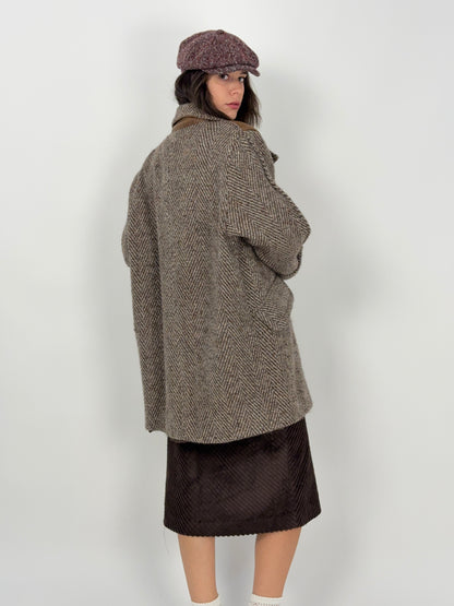 Cappotto vintage in lana spigata con inserti in pelle