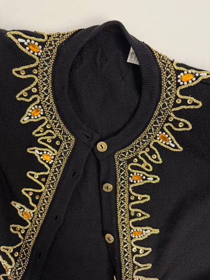 Cardigan anni '80 ricamato a mano con dettagli dorati e perline