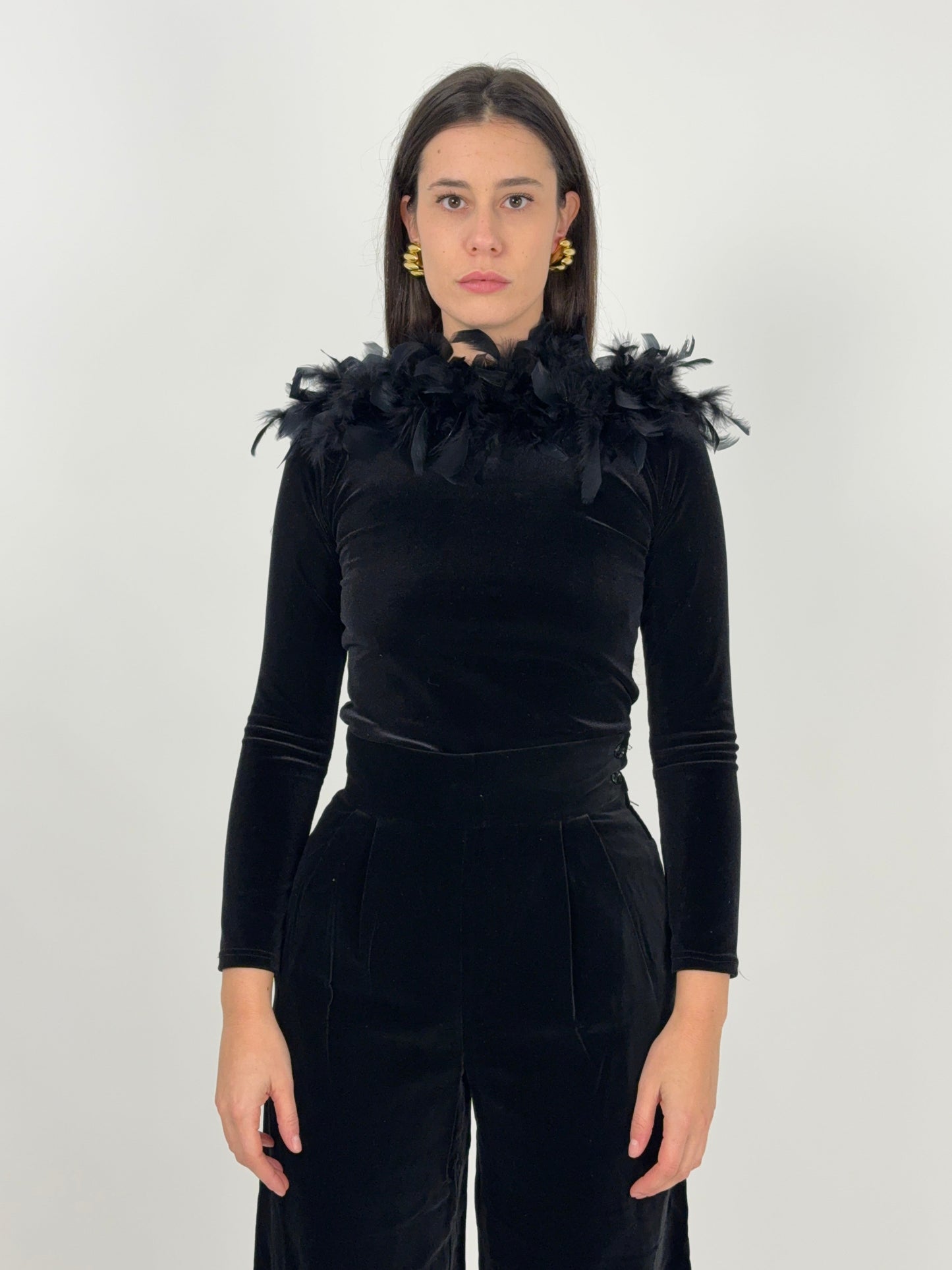 Maglia in velluto con collo in piume anni '70