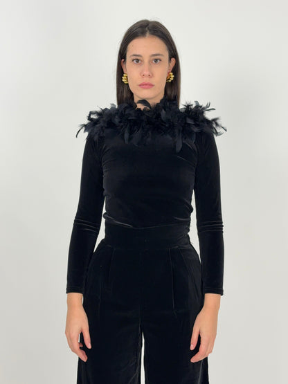 Maglia in velluto con collo in piume anni '70