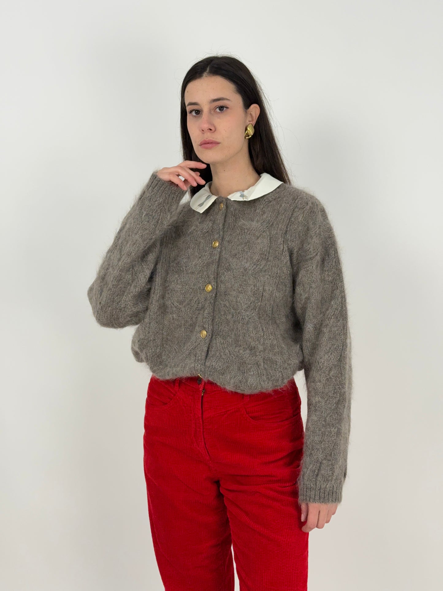Cardigan in mohair con colletto ricamato anni '80