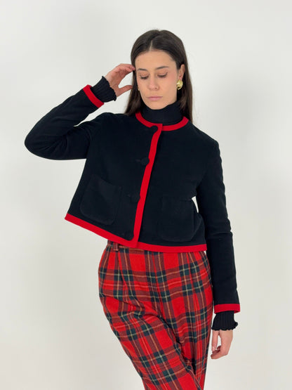 giacca-cropped-vintage-in-lana-cashmere-nera-da-donna-con-profili-rossi