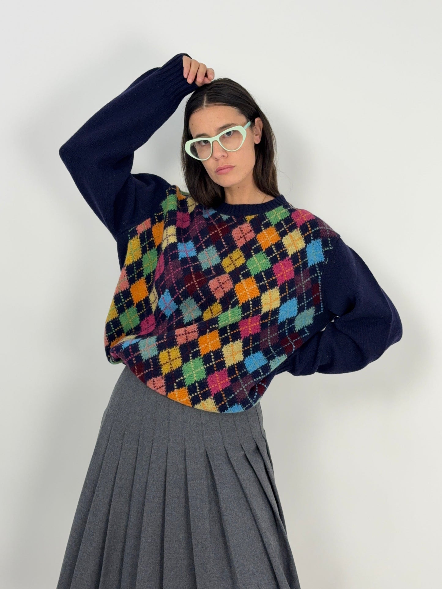Maglione vintage in lana blu con rombi