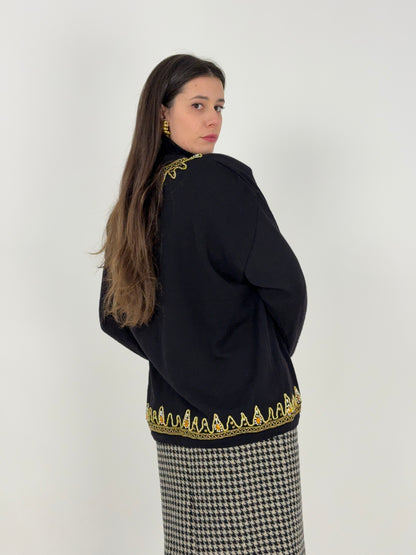 Cardigan anni '80 ricamato a mano con dettagli dorati e perline