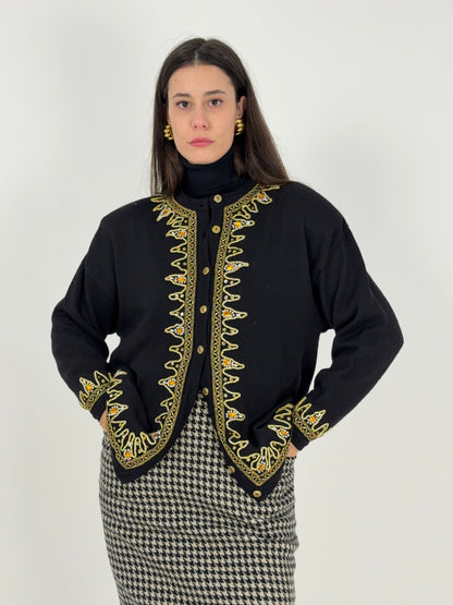 Cardigan anni '80 ricamato a mano con dettagli dorati e perline