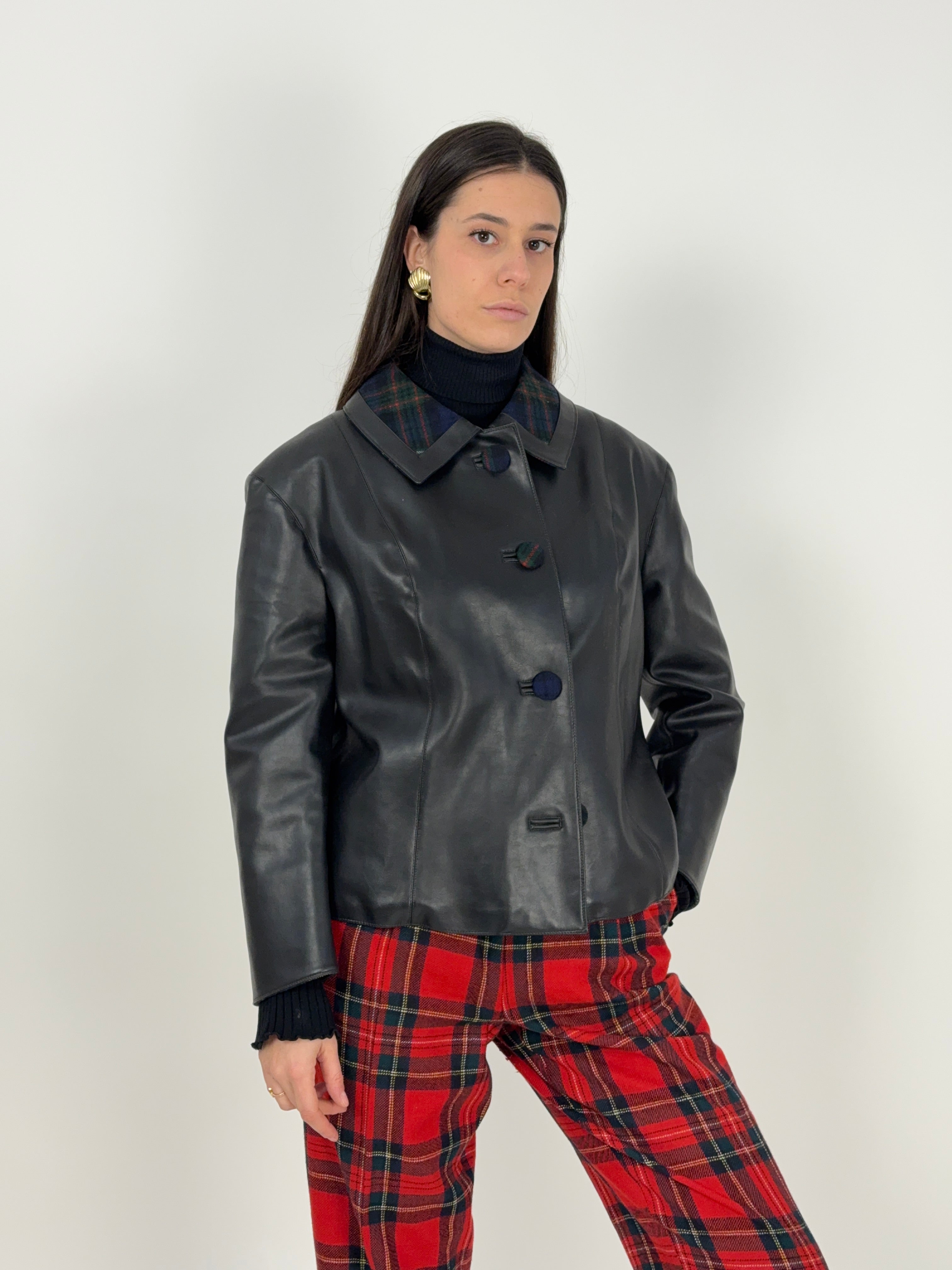 Giacca  in ecopelle con fodera tartan – anni ’70/primi ’80