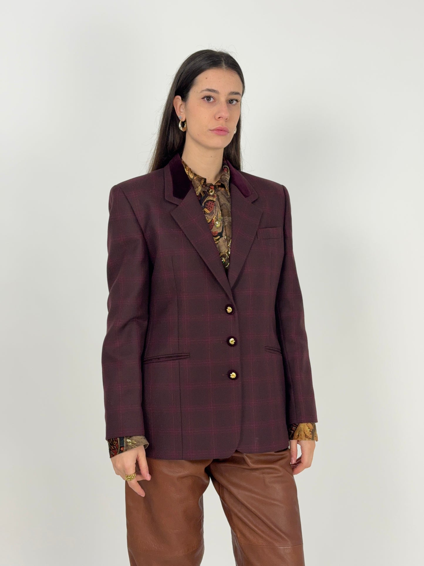 Giacca a quadri con collo in velluto