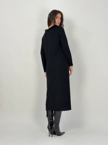 Abito lungo in lana con collo in pelliccia