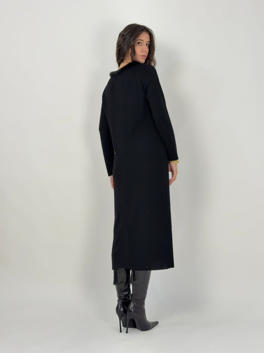 Abito lungo in lana con collo in pelliccia