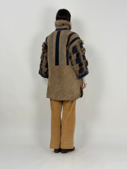 Cappotto anni '70 patchwork in camoscio e pelliccia