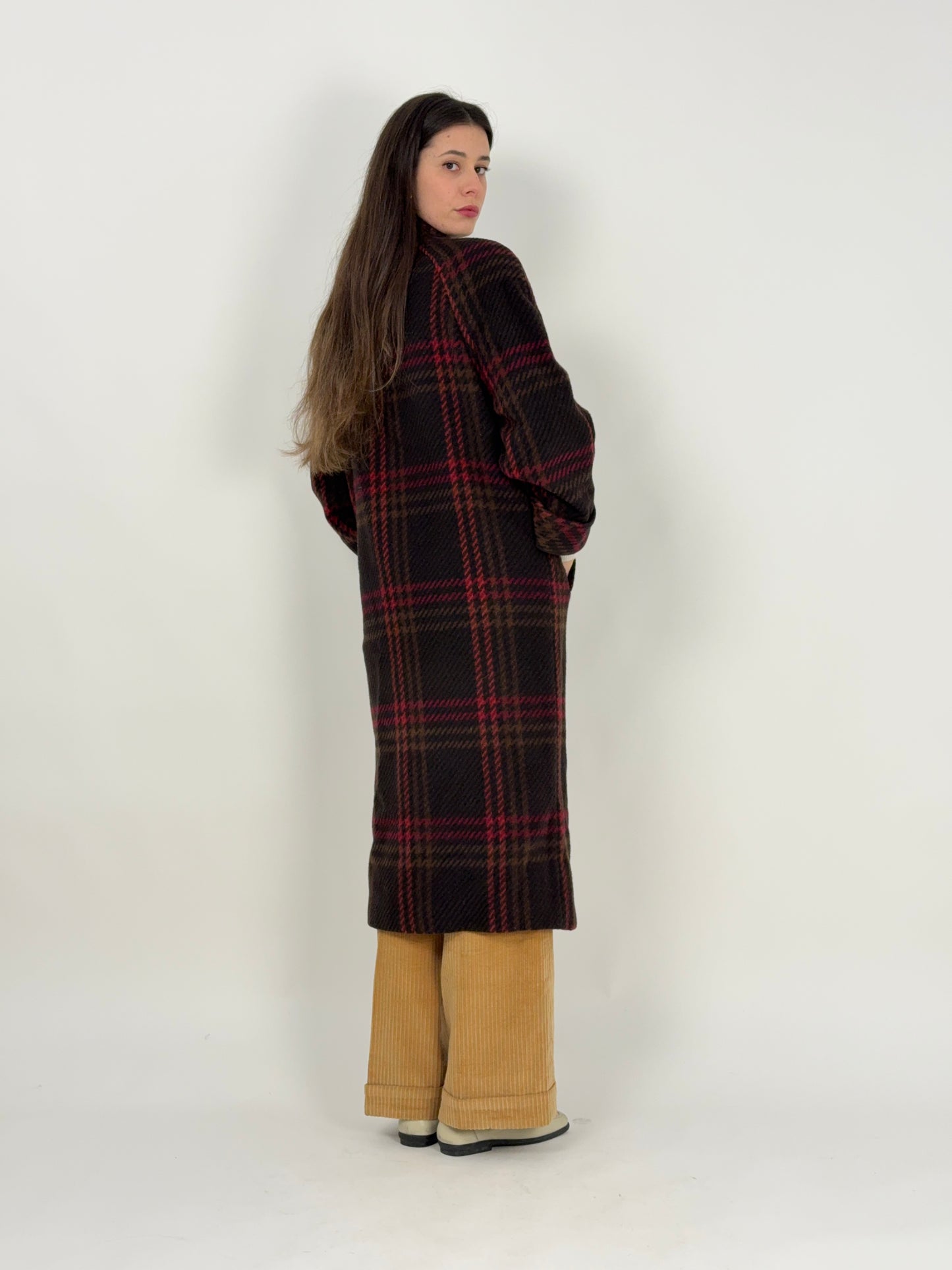Cappotto lungo anni '70 in lana a quadri