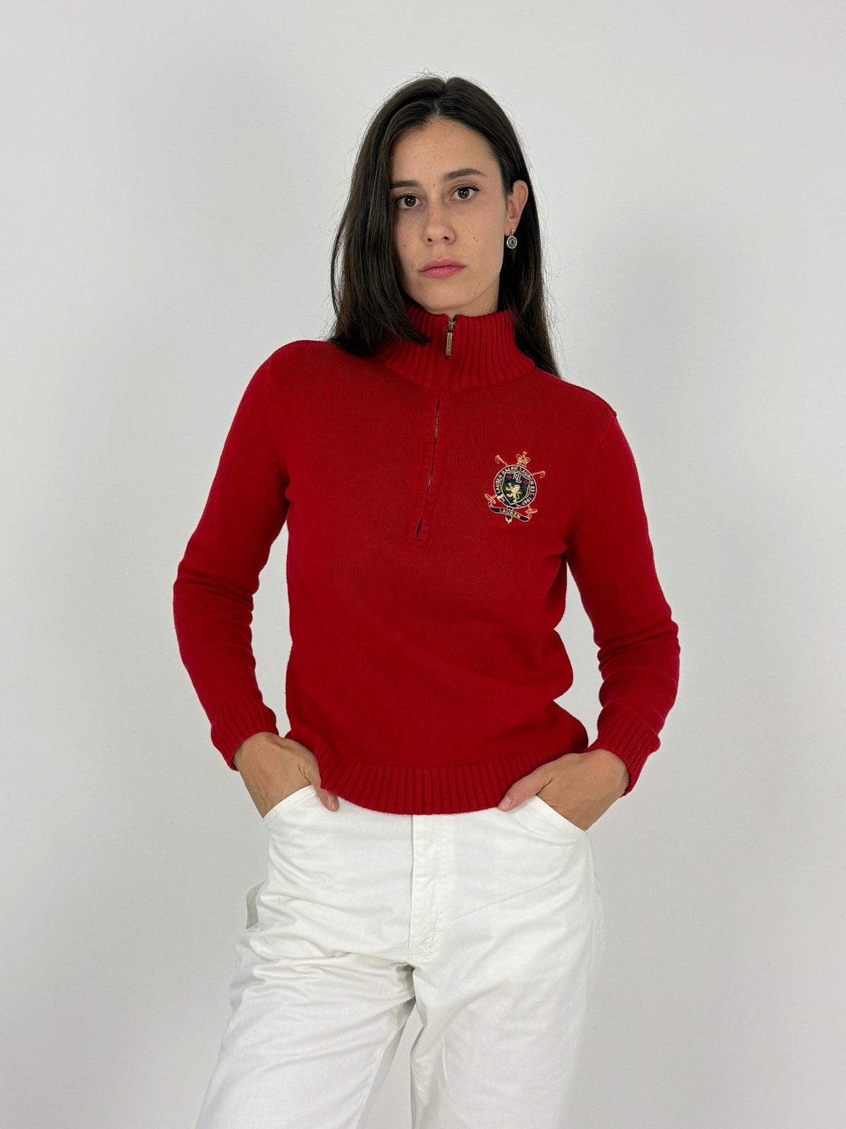 Maglione vintage Lauren Ralph Lauren cotone rosso mezza zip - fronte indossato vista intera, taglia S donna