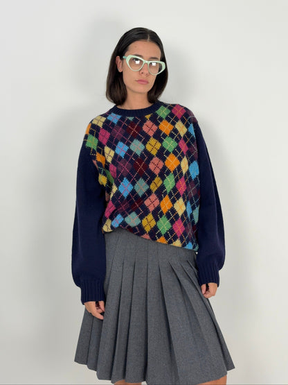 Maglione vintage in lana blu con rombi