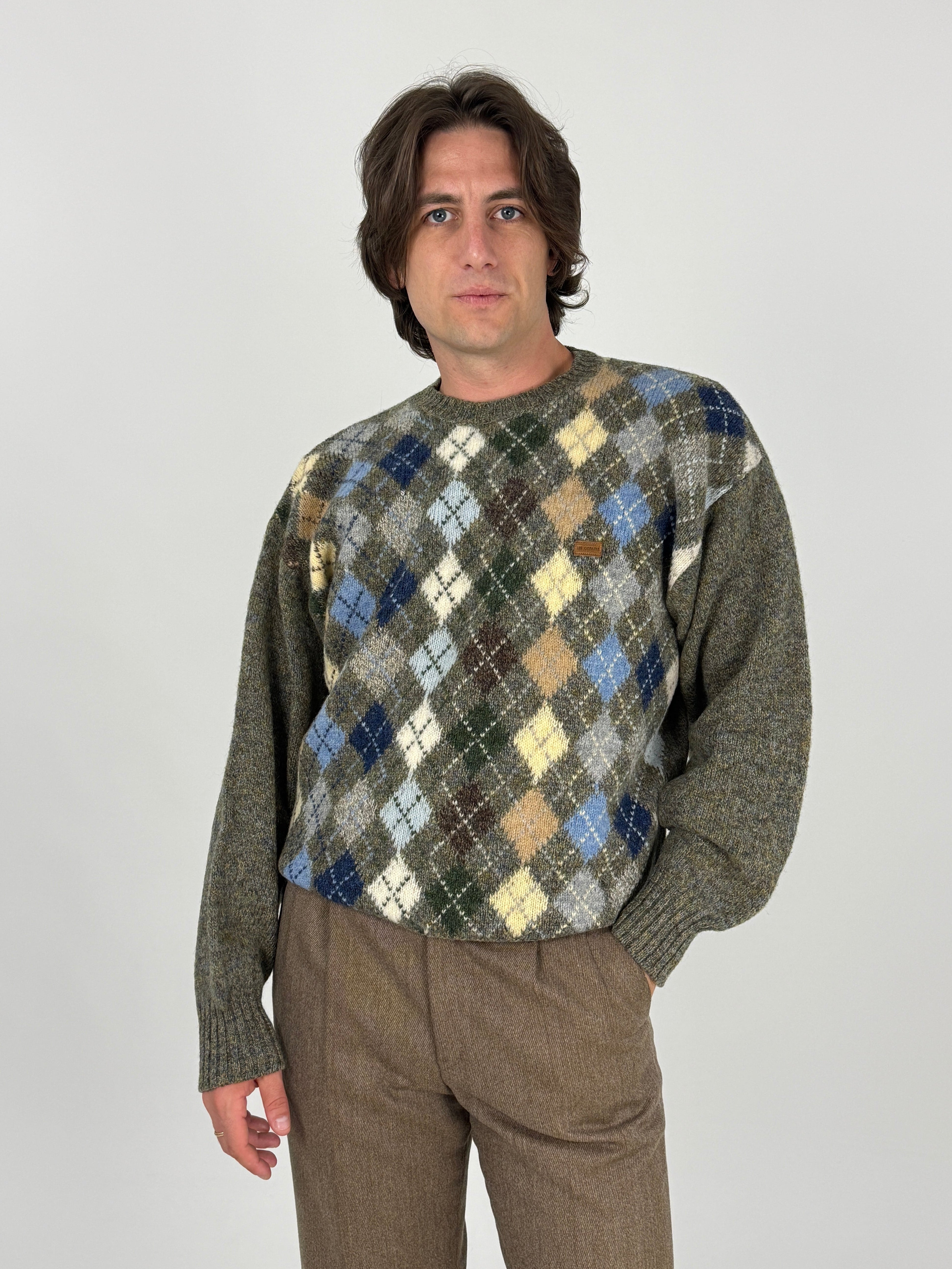 Maglione Les Compains argyle jacquard multicolore lana verde mélange vintage - fronte intero indossato taglia M
