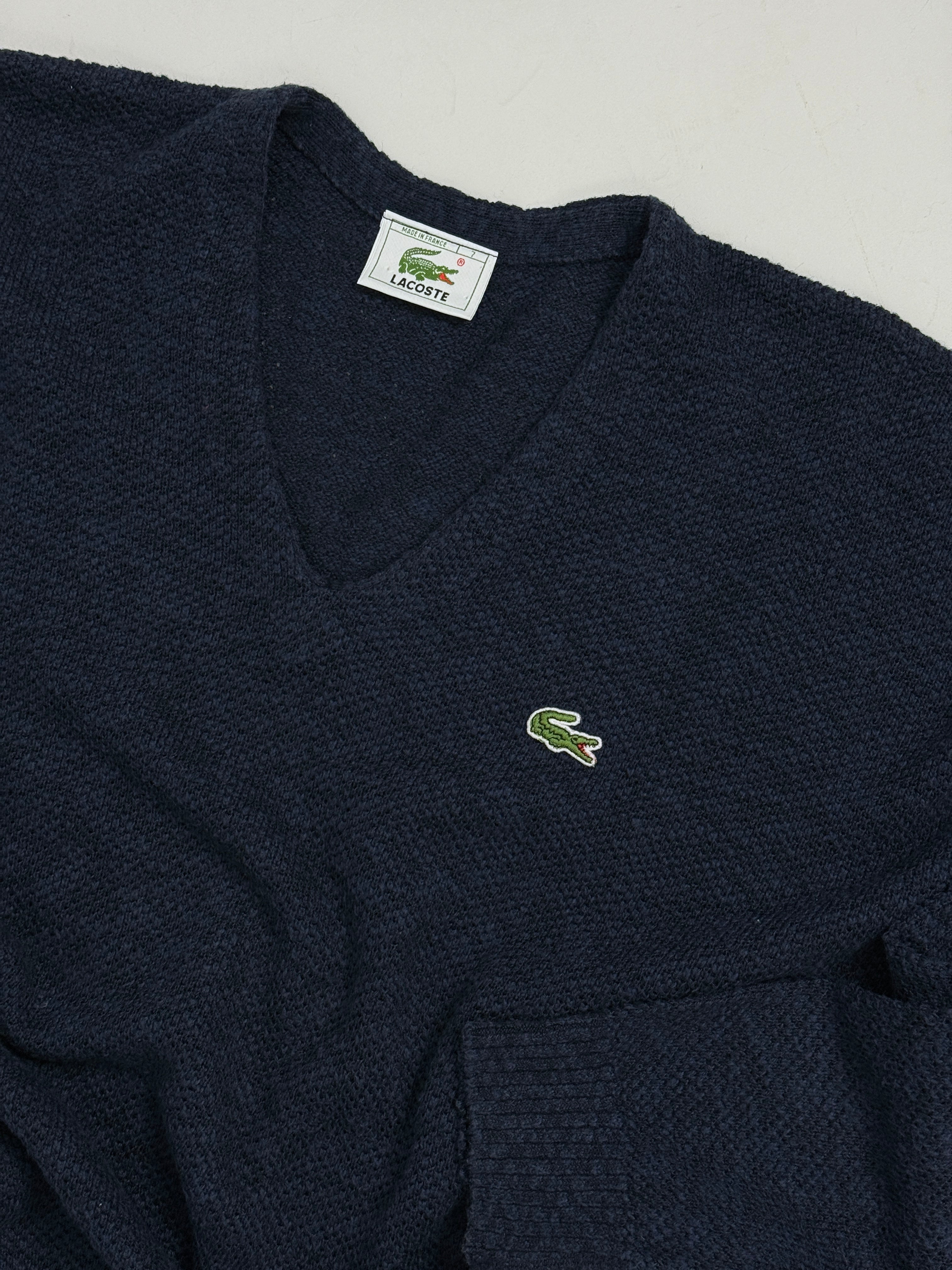 Maglione Vintage Lacoste Made in France Blu Navy Scollo a V - Taglia L