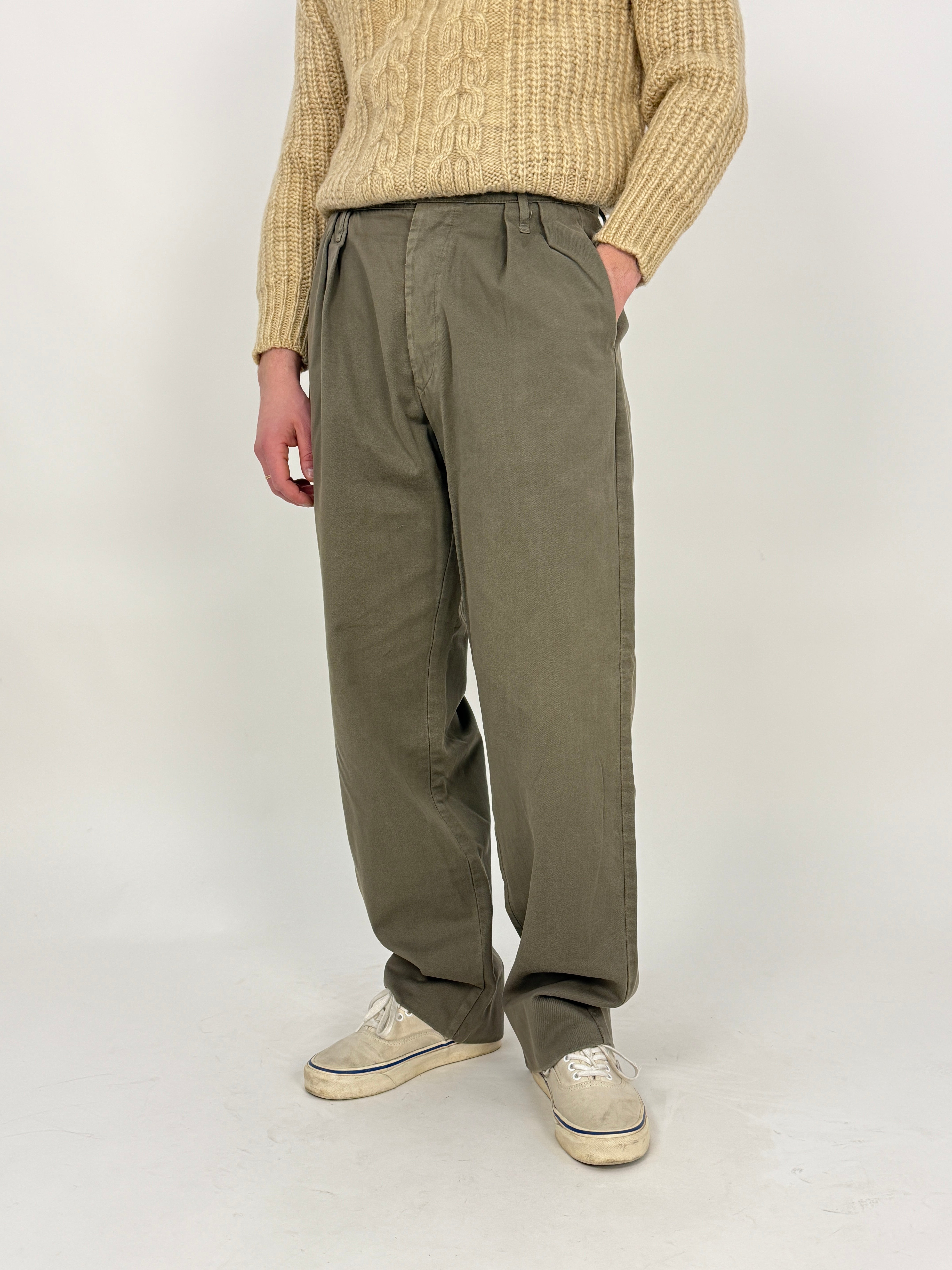 Pantaloni con pence in cotone color kaki