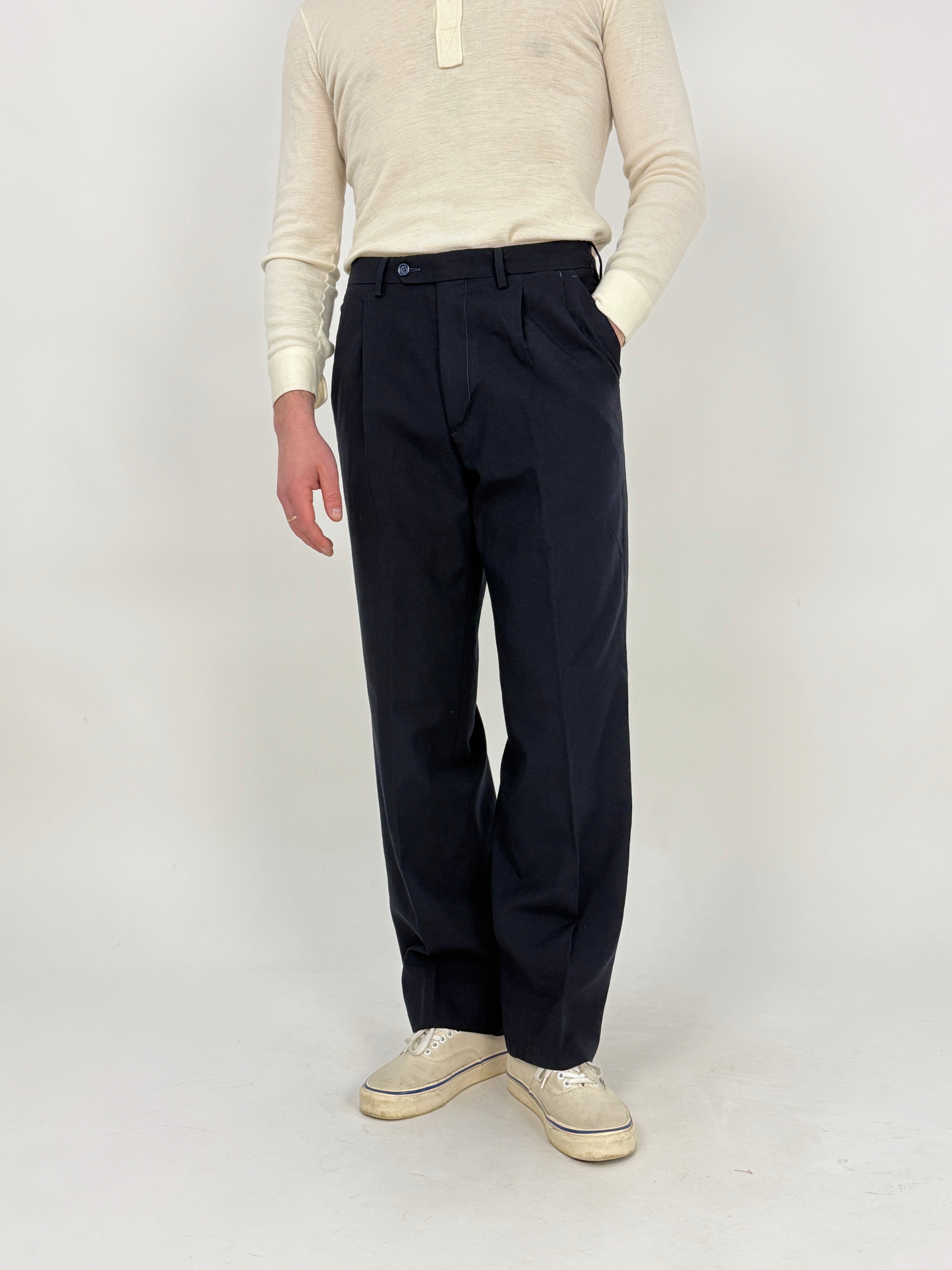 Pantaloni vintage in lana blu scuro con pinces