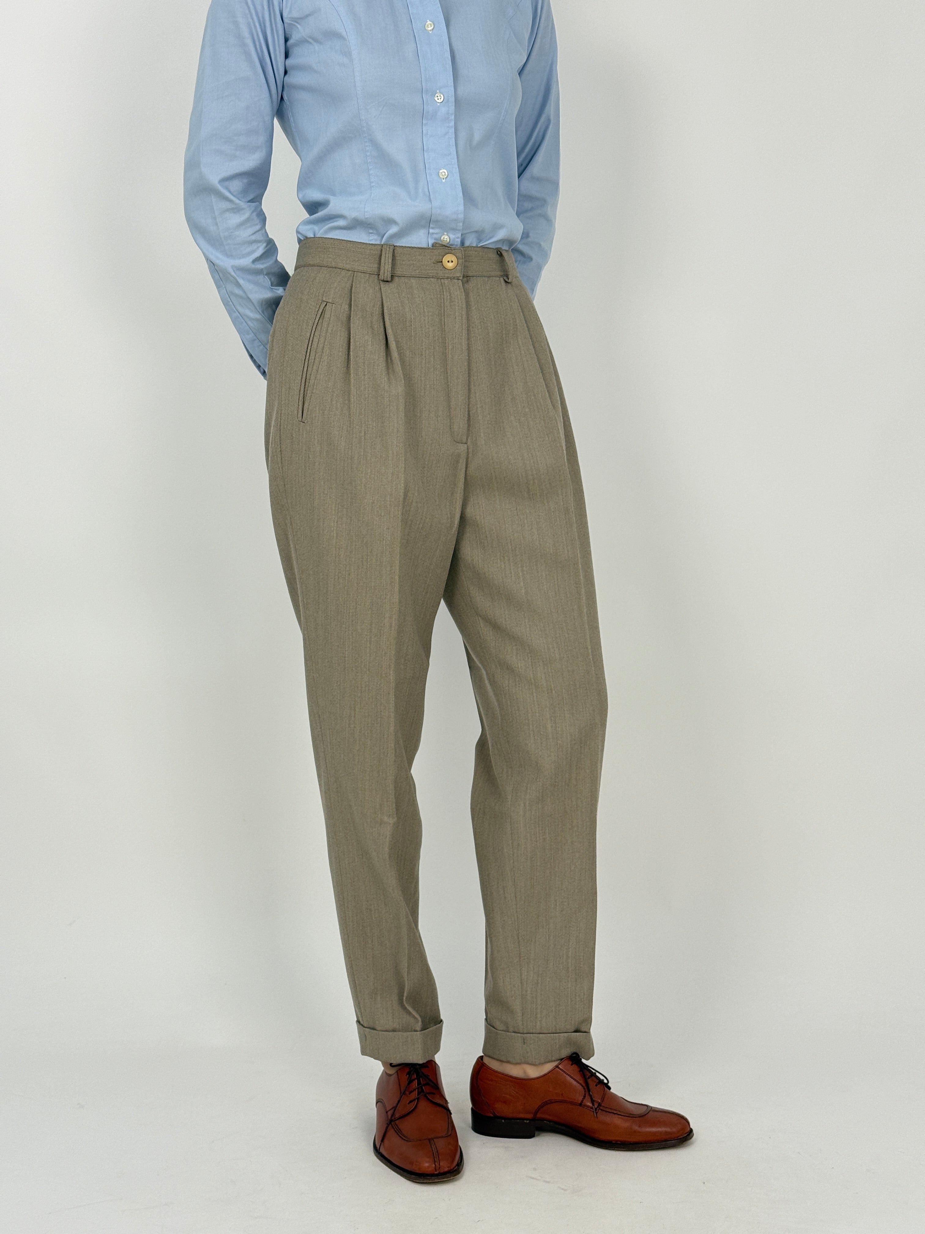 Pantaloni con Doppie Pince in Pura Lana Beige Anni '80 - Taglia 44