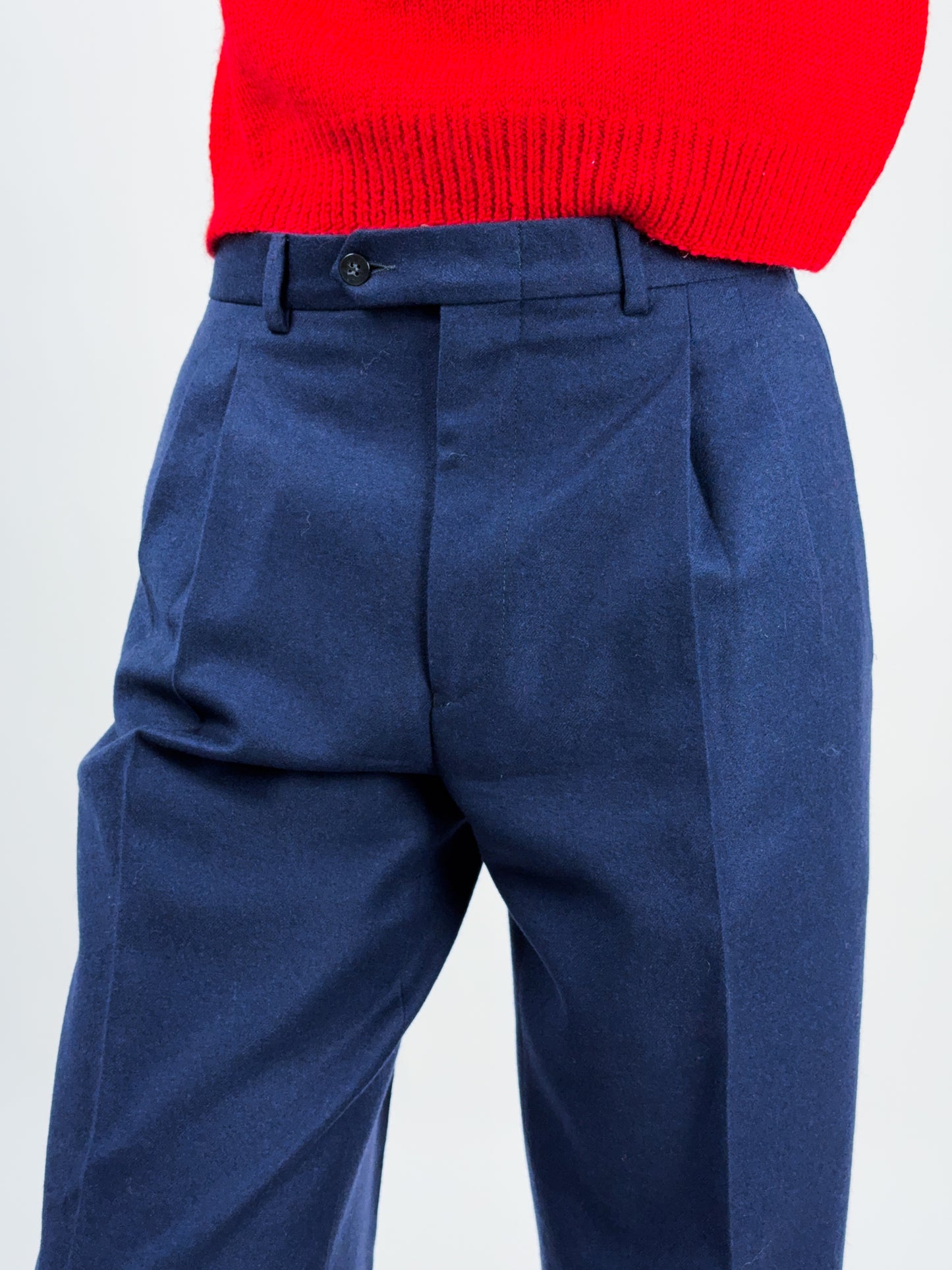 Pantaloni sartoriali vintage blu navy in pura lana vergine anni ’80