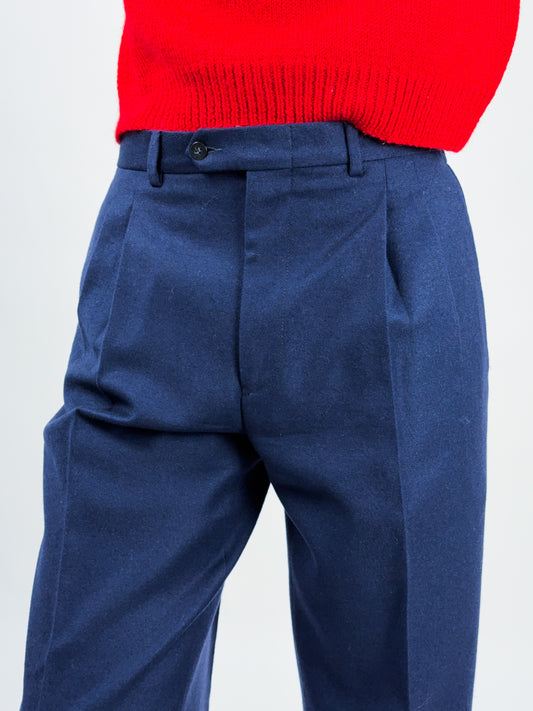 Pantaloni sartoriali vintage blu navy in pura lana vergine anni ’80