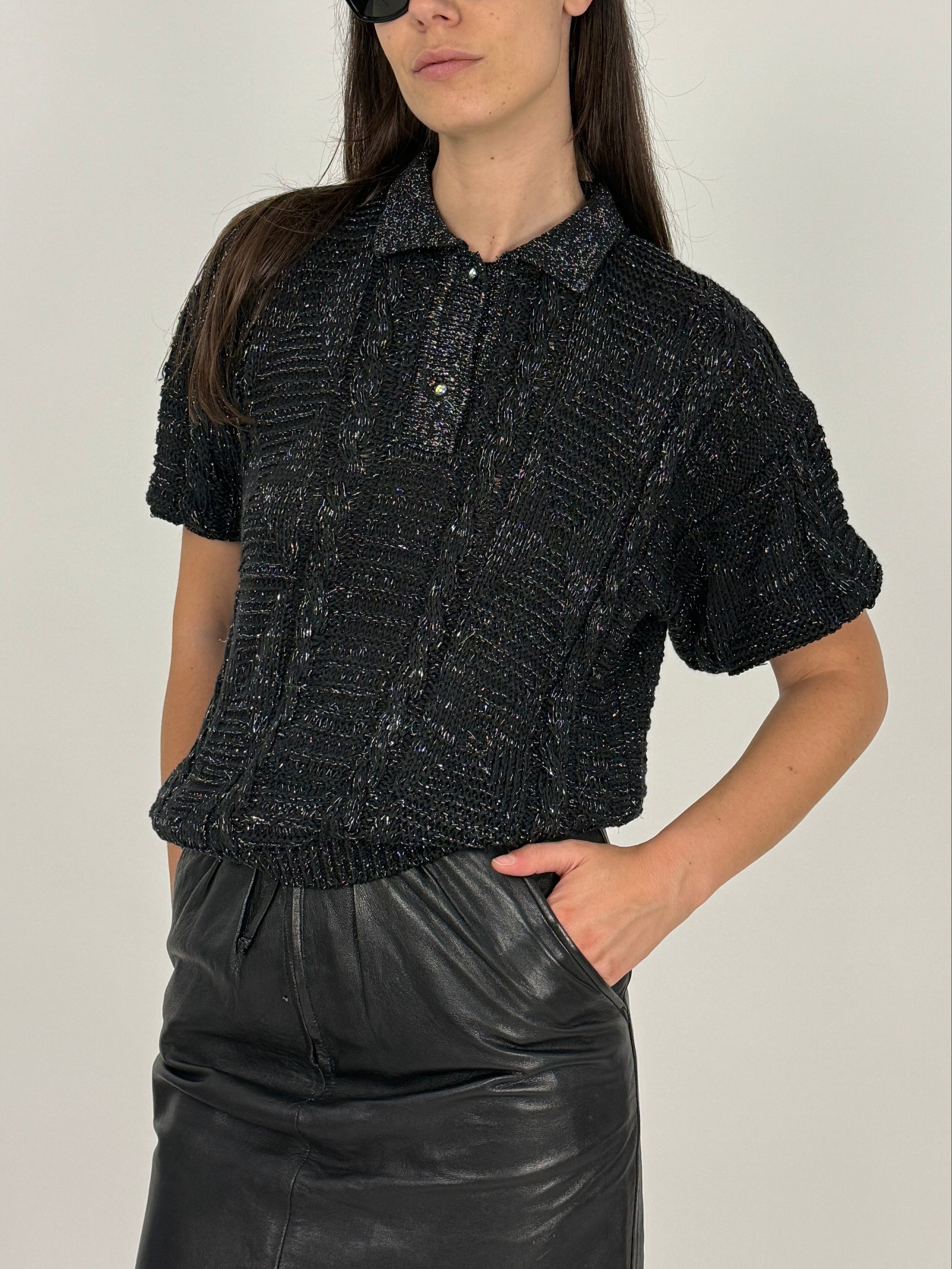 Polo Vintage POM Bouclé Nero Lurex Anni '70/'80 - Taglia M