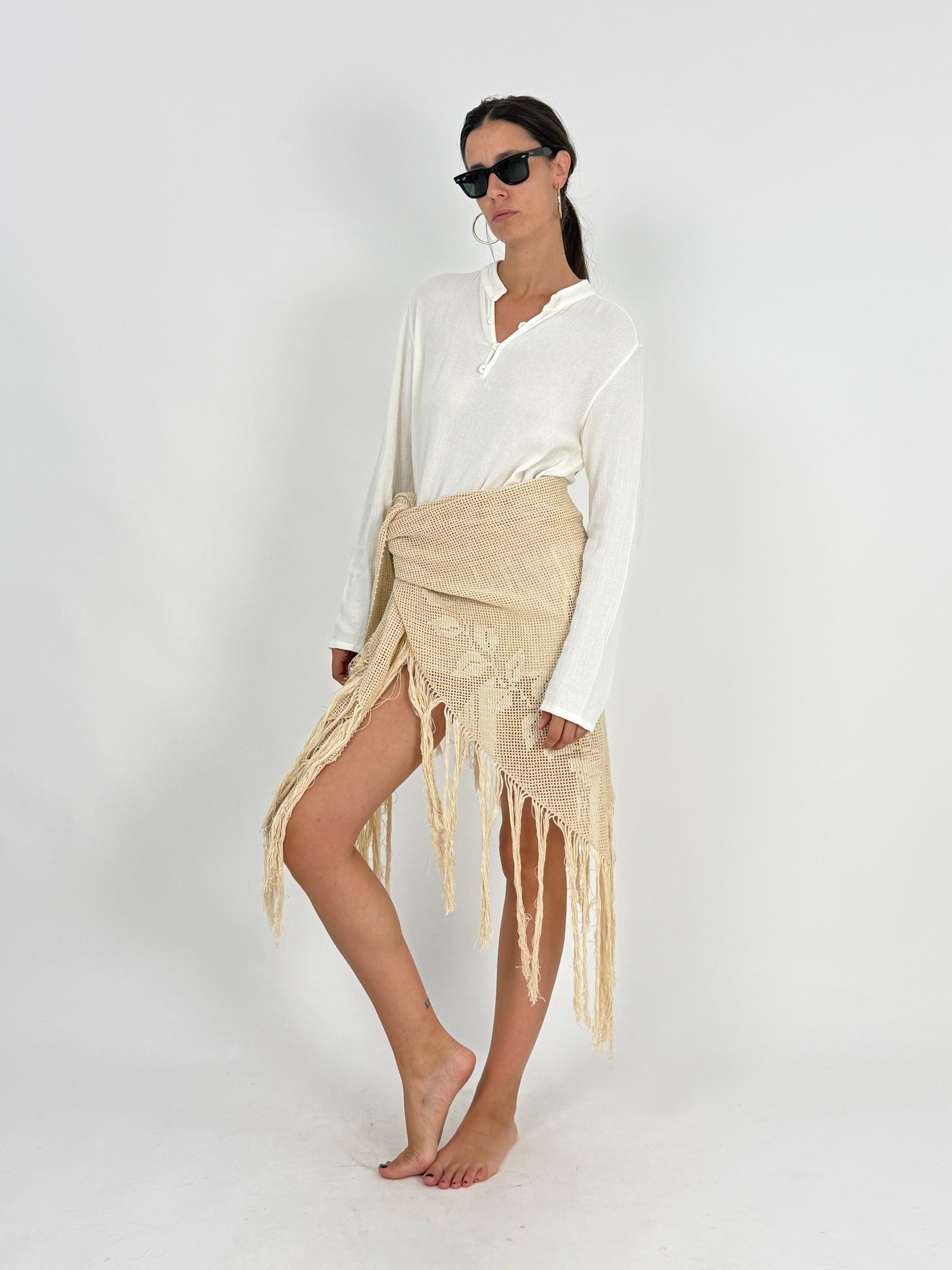 Scialle Vintage all'Uncinetto Beige con Frange - Pareo Boho Chic