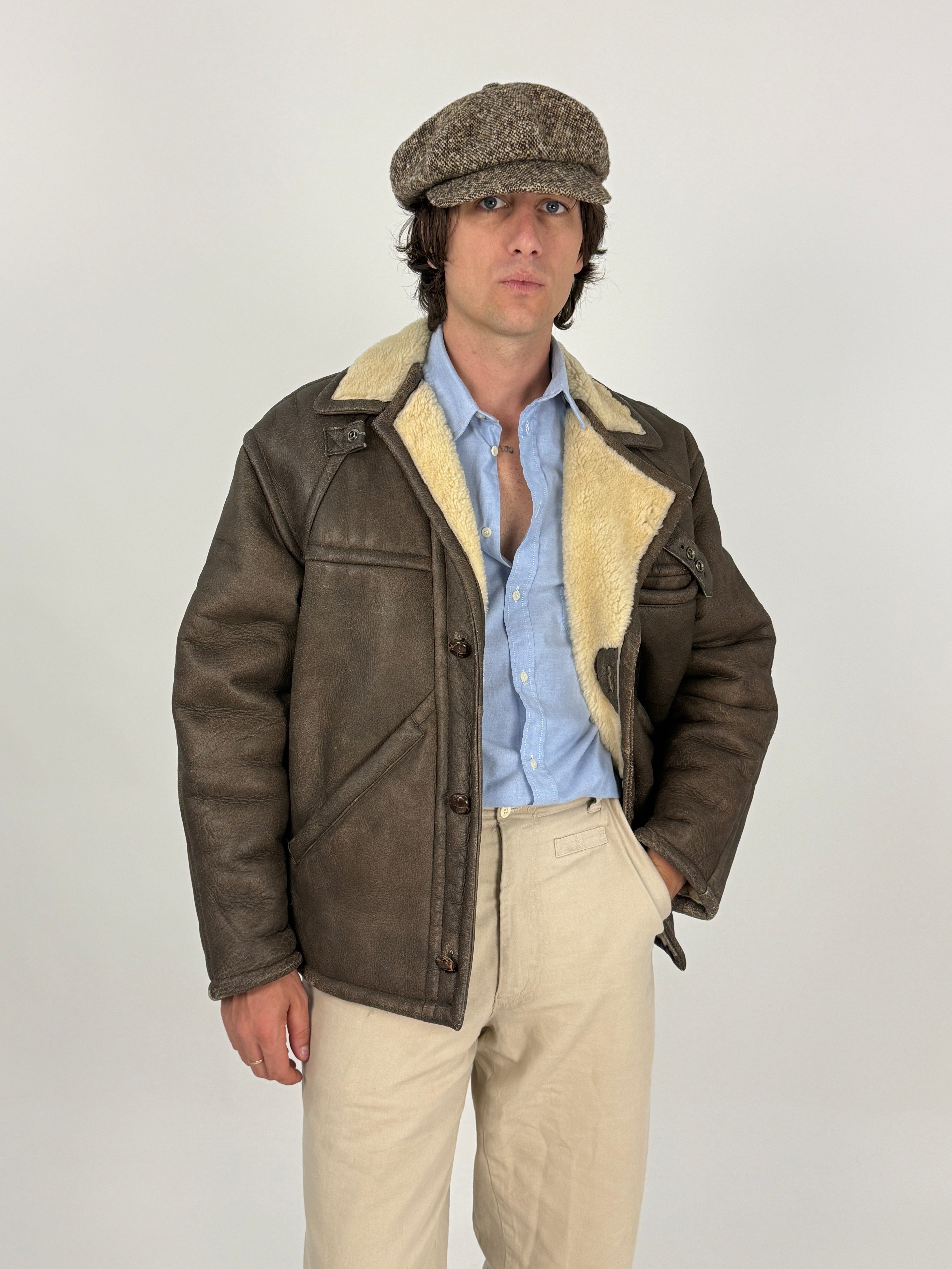 Shearling aviator vintage tedesco marrone tabacco - fronte indossato taglia 48