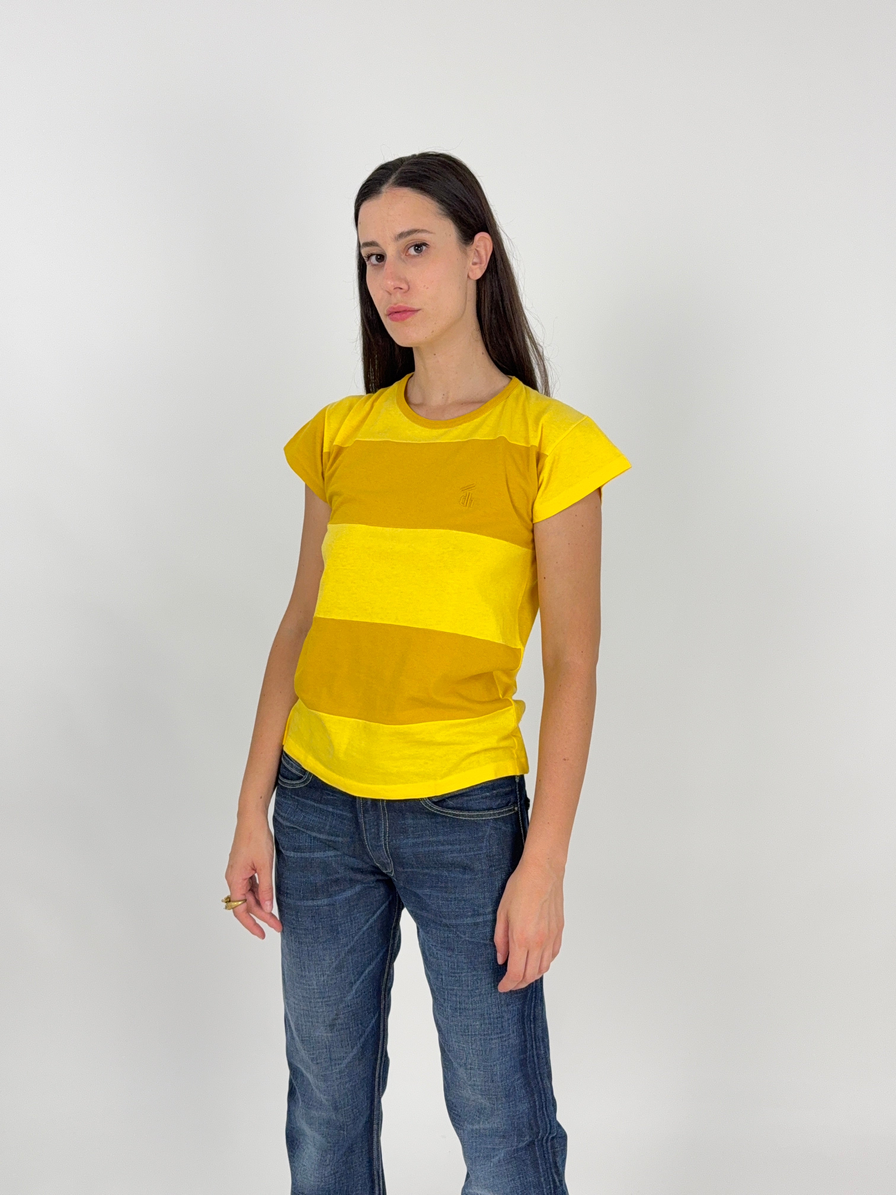 T-shirt vintage Daniel Hechter righe giallo ocra - vista frontale 2